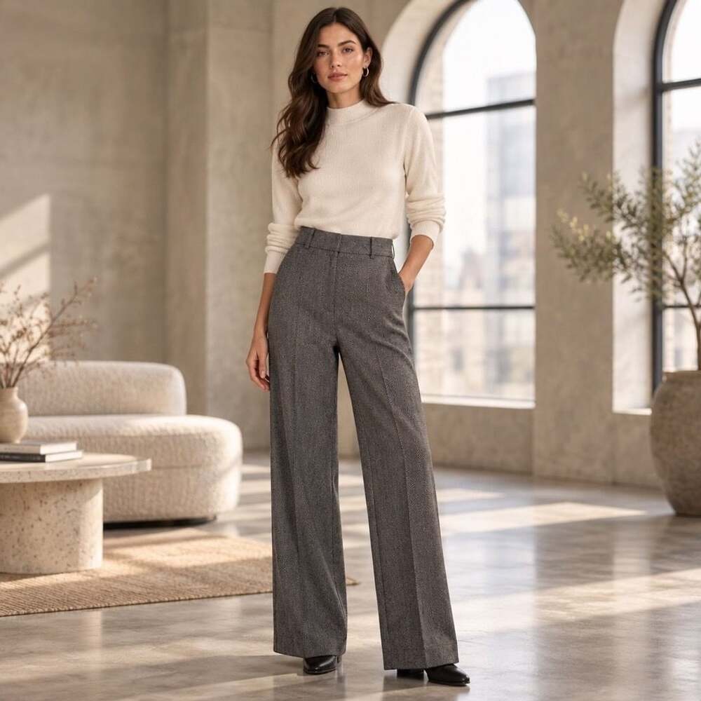 Talbots Herringbone Wide Leg Pants Size 12 Gray Wool Blend Trousers